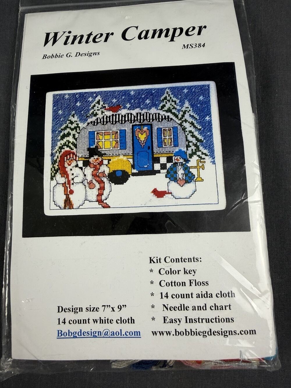 Bobbie G. Designs Cross Stitch Kit WINTER CAMPER MS384 Airstream Snowmen
